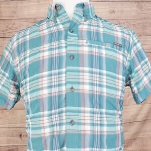Eddie Bauer Shirt Mens Large Blue Green Plaid Button Up Short Sleeve Outdoor -I2